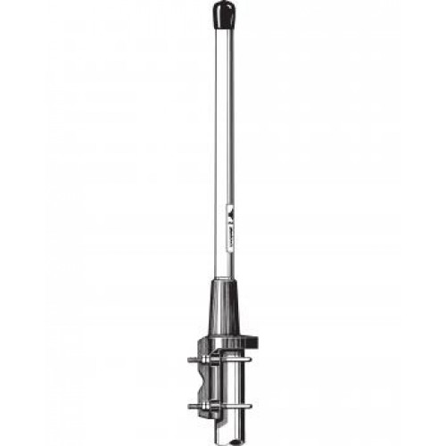 Silver TV antenna with black handle and mounting bracket.