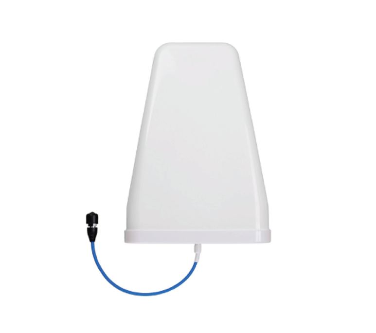 White pyramid-shaped antenna with blue cable connector.