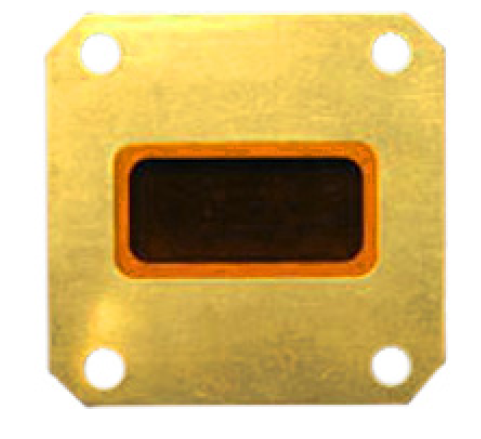 Quadratische Metallplatte mit rechteckigem Loch und vier Löchern in den Ecken.