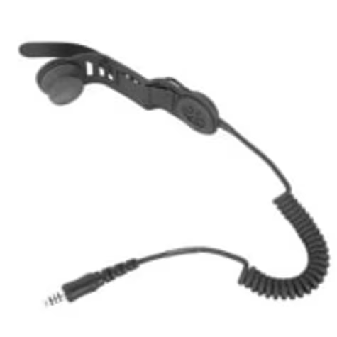 Schwarzes Mikrofon mit gewelltem Kabel und Ohrbügel.