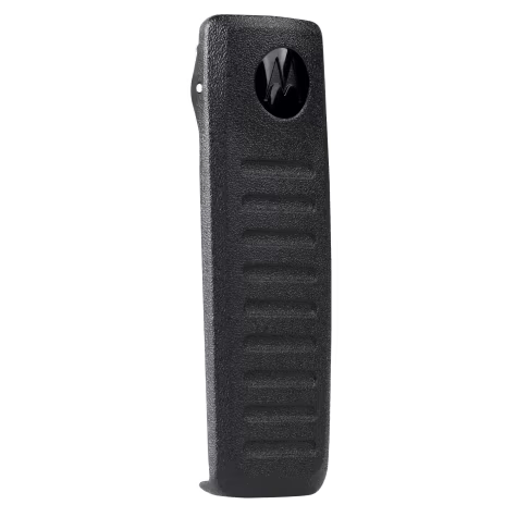 Black belt clip with ribbed surface and oval logo at the top.