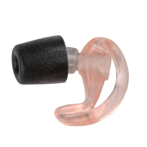 Black foam earplug with transparent holder.