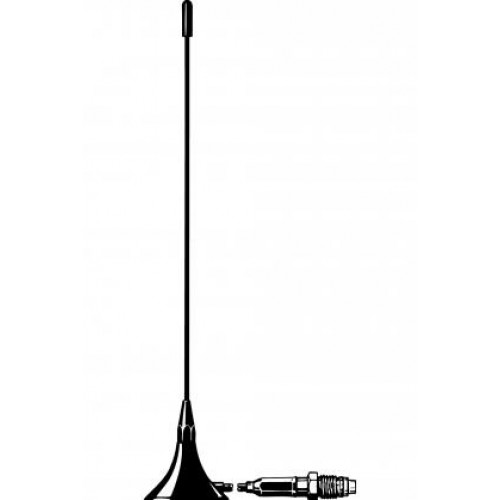 Black rod antenna with cable and plug on white background.