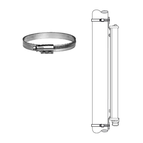 Metall-Schlauchschelle neben technischer Skizze eines Zylinders mit Schellen.