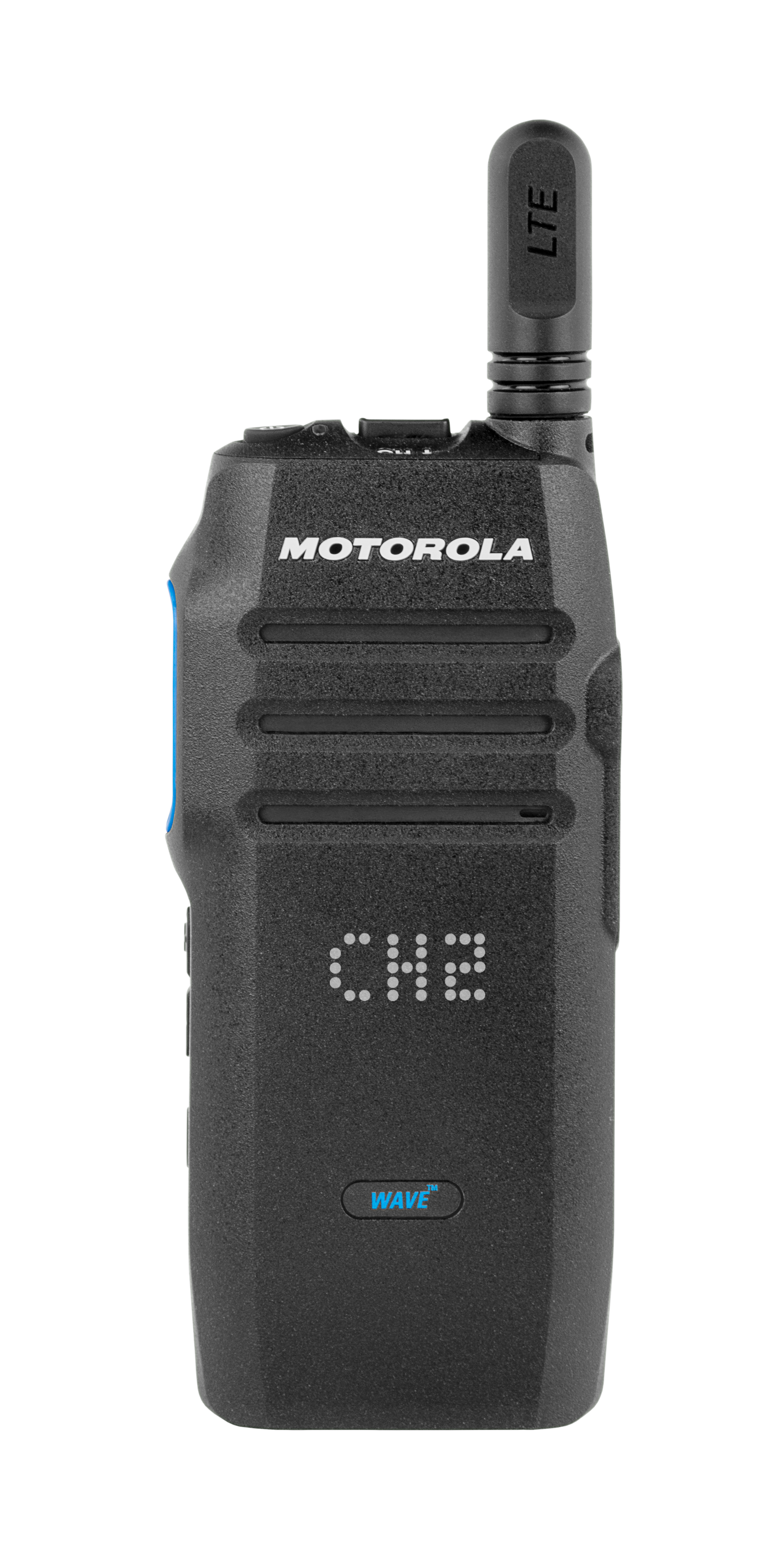 7000_00471100_MOT_01.jpg Schwarzes Handfunkgerät mit LTE-Antenne, die CH2 anzeigt.