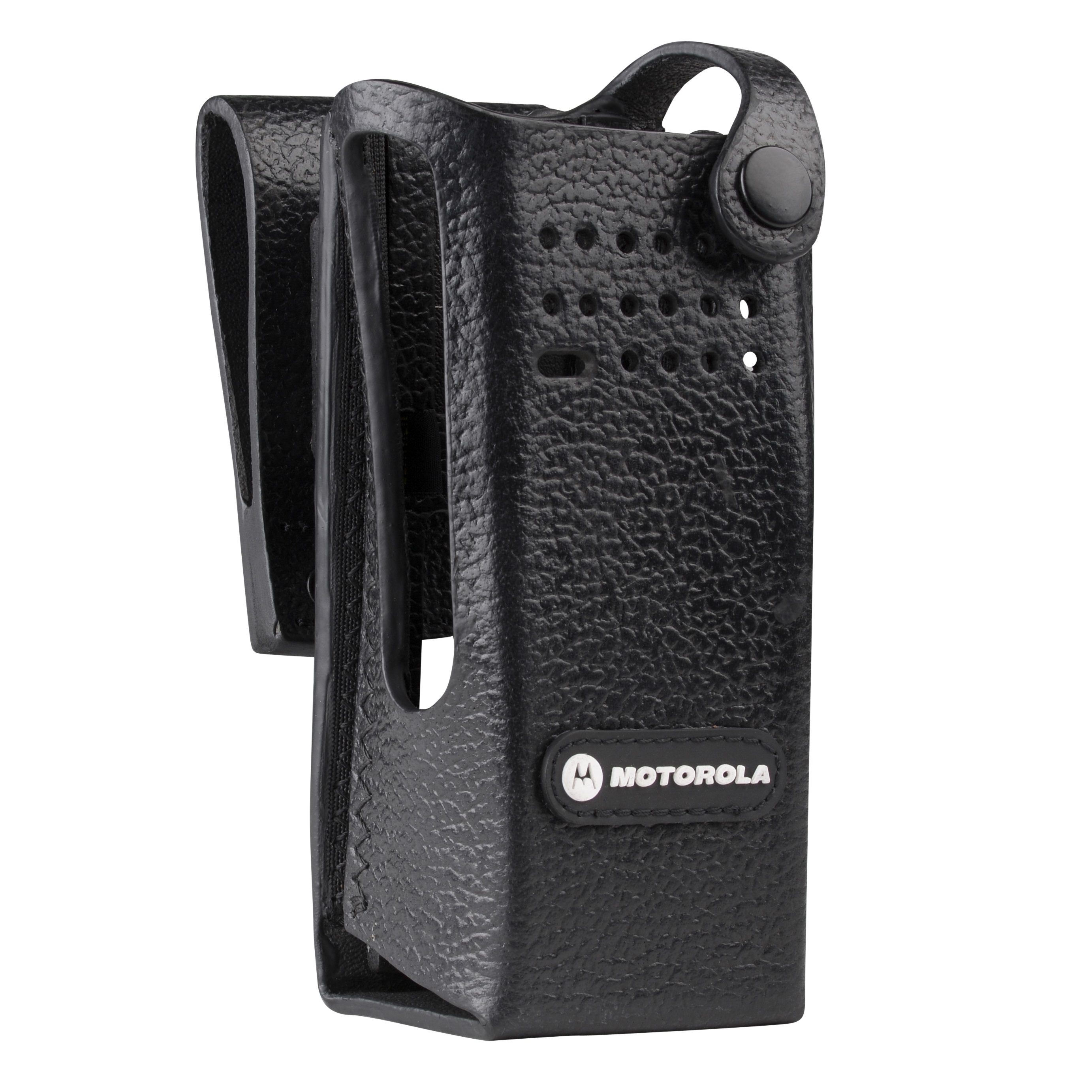 Schwarzes Ledertaschenetui mit Lochmuster und Motorola-Logo.