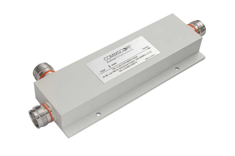 Rectangular electrical component with three connectors and labeled sticker.