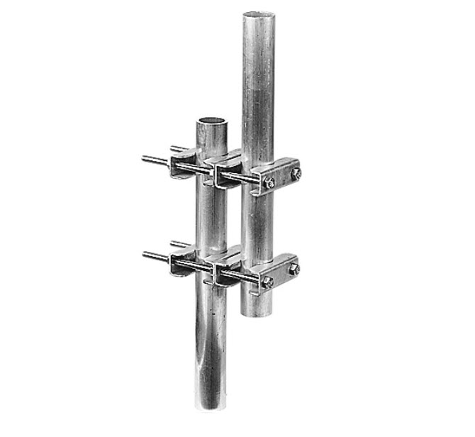 Two vertical metal pipes with cross connections.