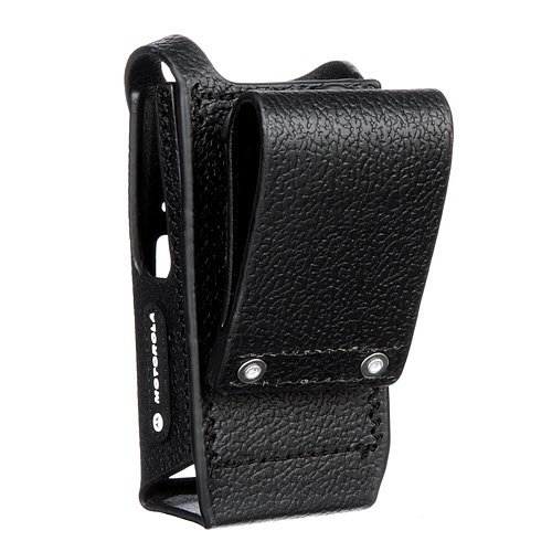 Schwarze Ledertragetasche für Funkgerät mit Gürtelclip.