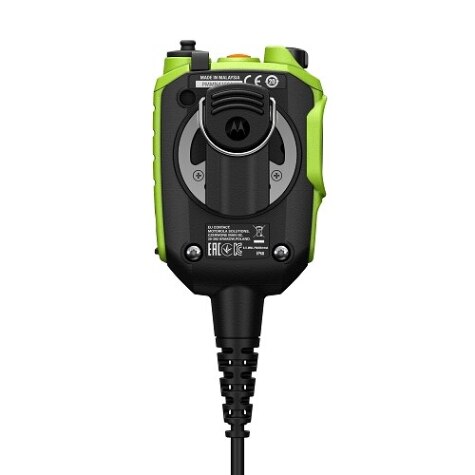 Walkie-talkie with green casing, multiple buttons, cable connection at bottom.