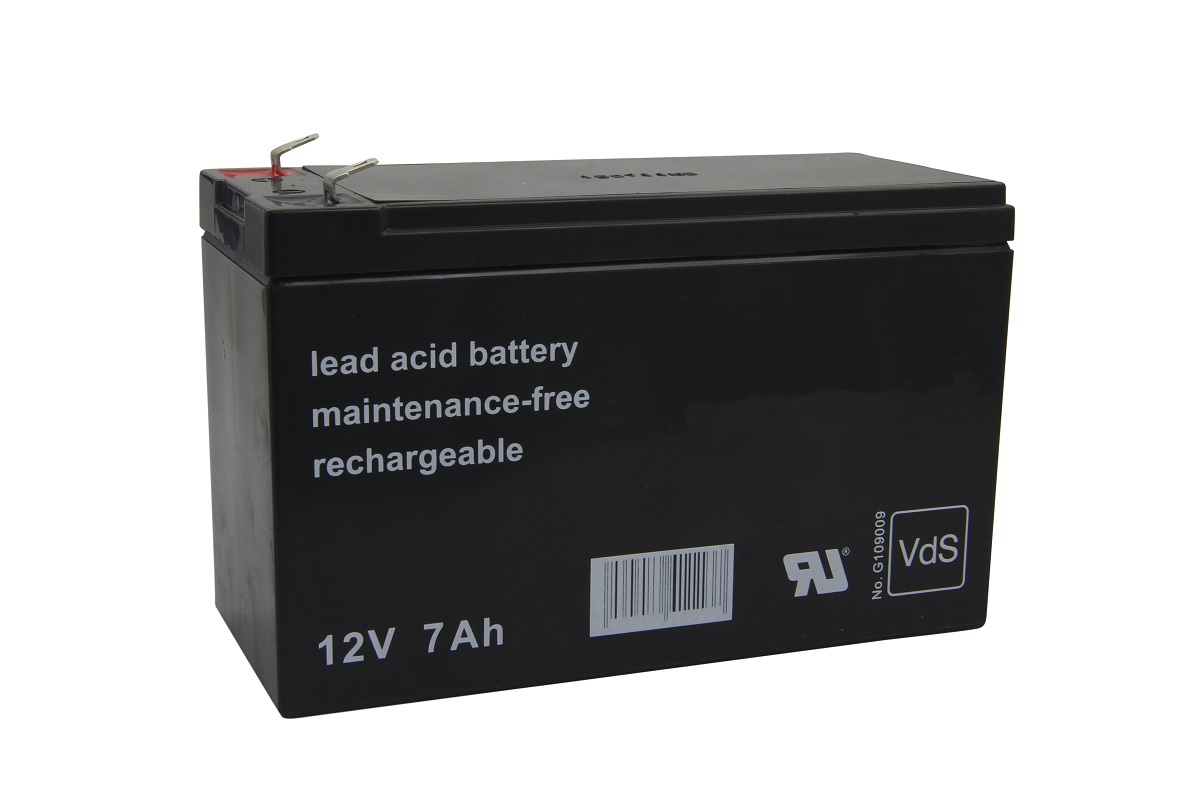 Maintenance-free, rechargeable 12V 7Ah lead acid battery.