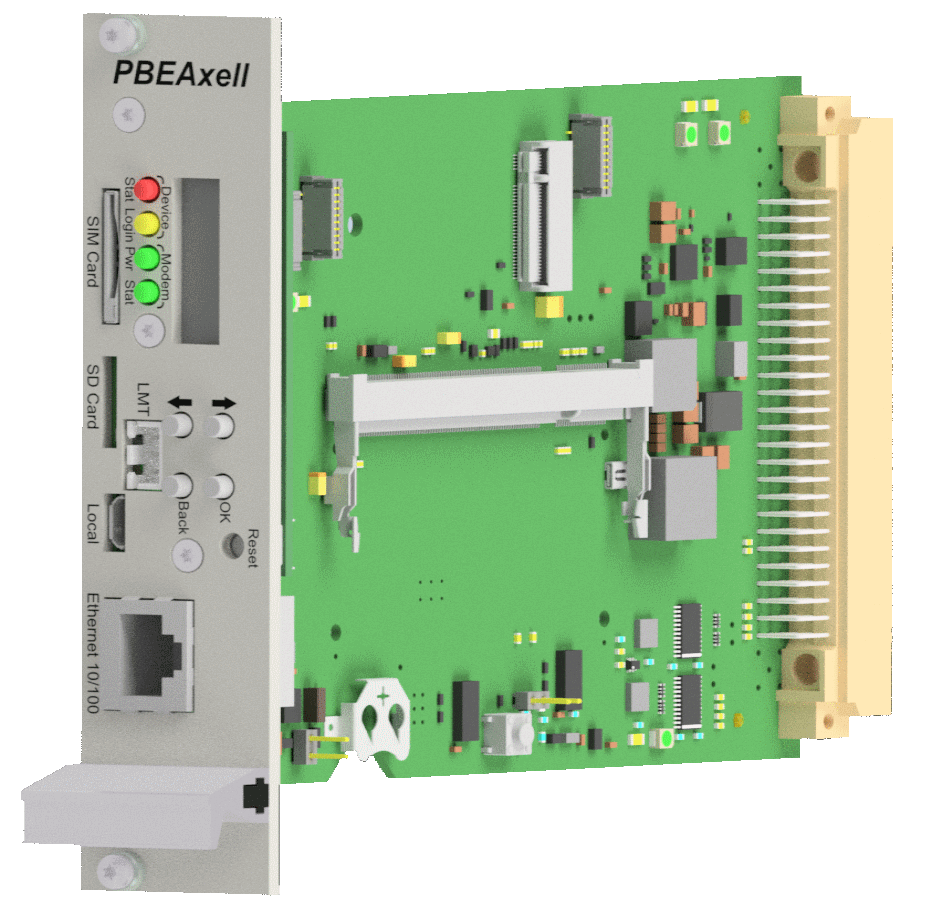 7000_00754053_PBE_01.png Grüne Leiterplatte mit Verbindungselementen und Anschlüssen, einschließlich Ethernet-Port.