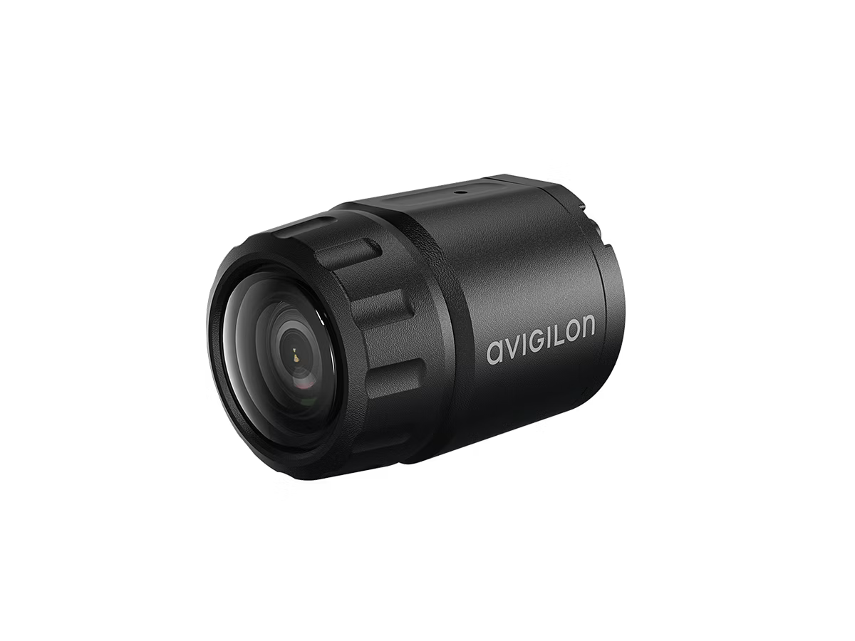 Schwarze Überwachungskamera mit Avigilon-Logo auf der Seite