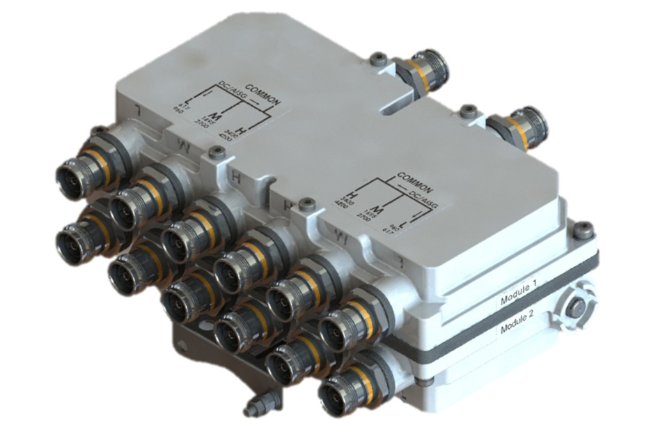 Multi-connector with several ports and module labels.