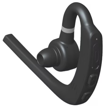 Schwarzes Bluetooth-Headset mit Ohrbügel und Bedientasten.