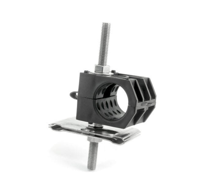 Industrial pipe clamp with threaded rod and metal base plate.