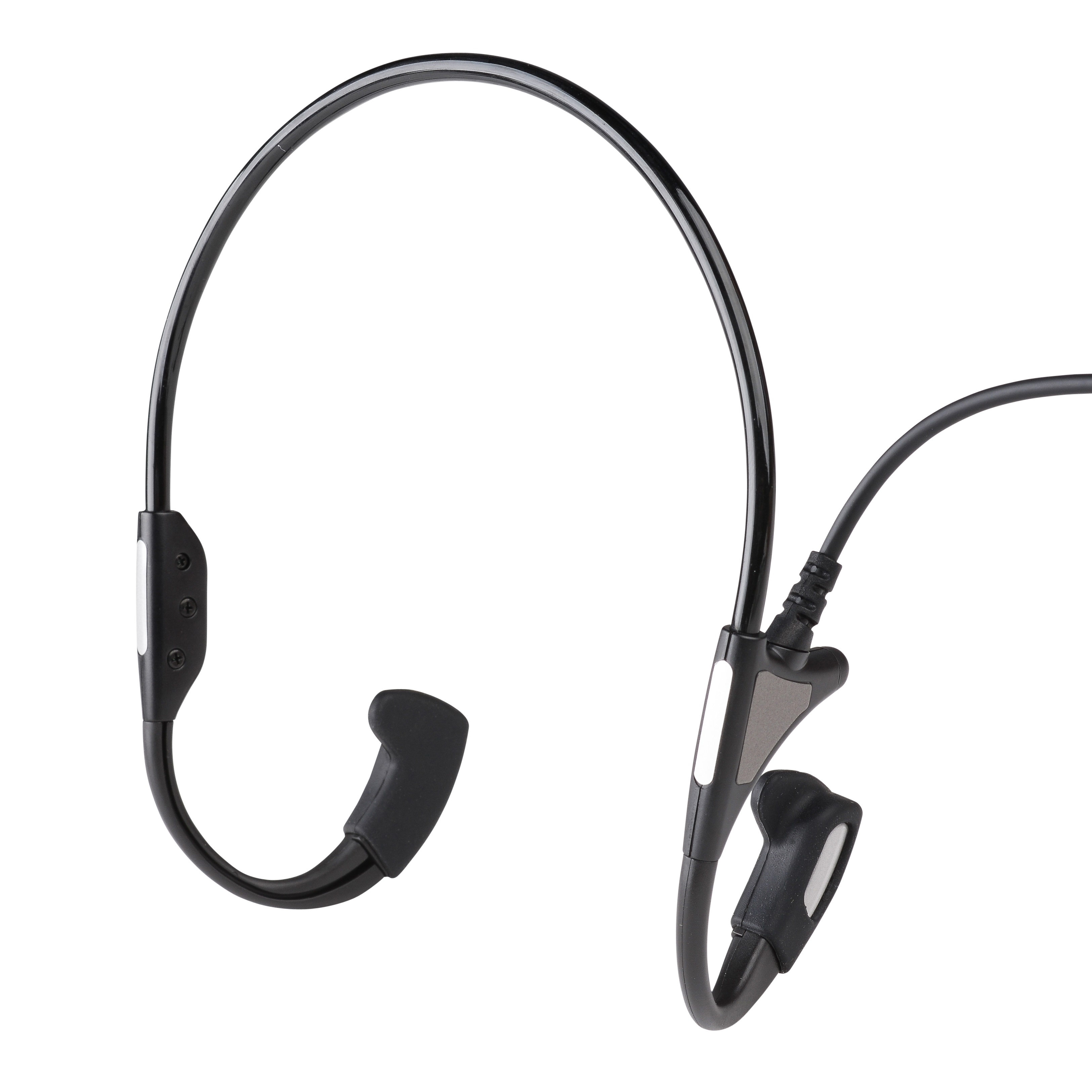 7000-00367600_mot_01.jpg Black bone conduction headphones with flexible band and cable.