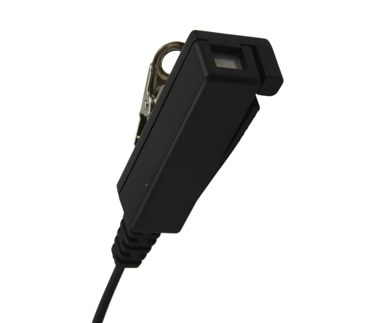 Black battery clamp connector with cable and metal clip.