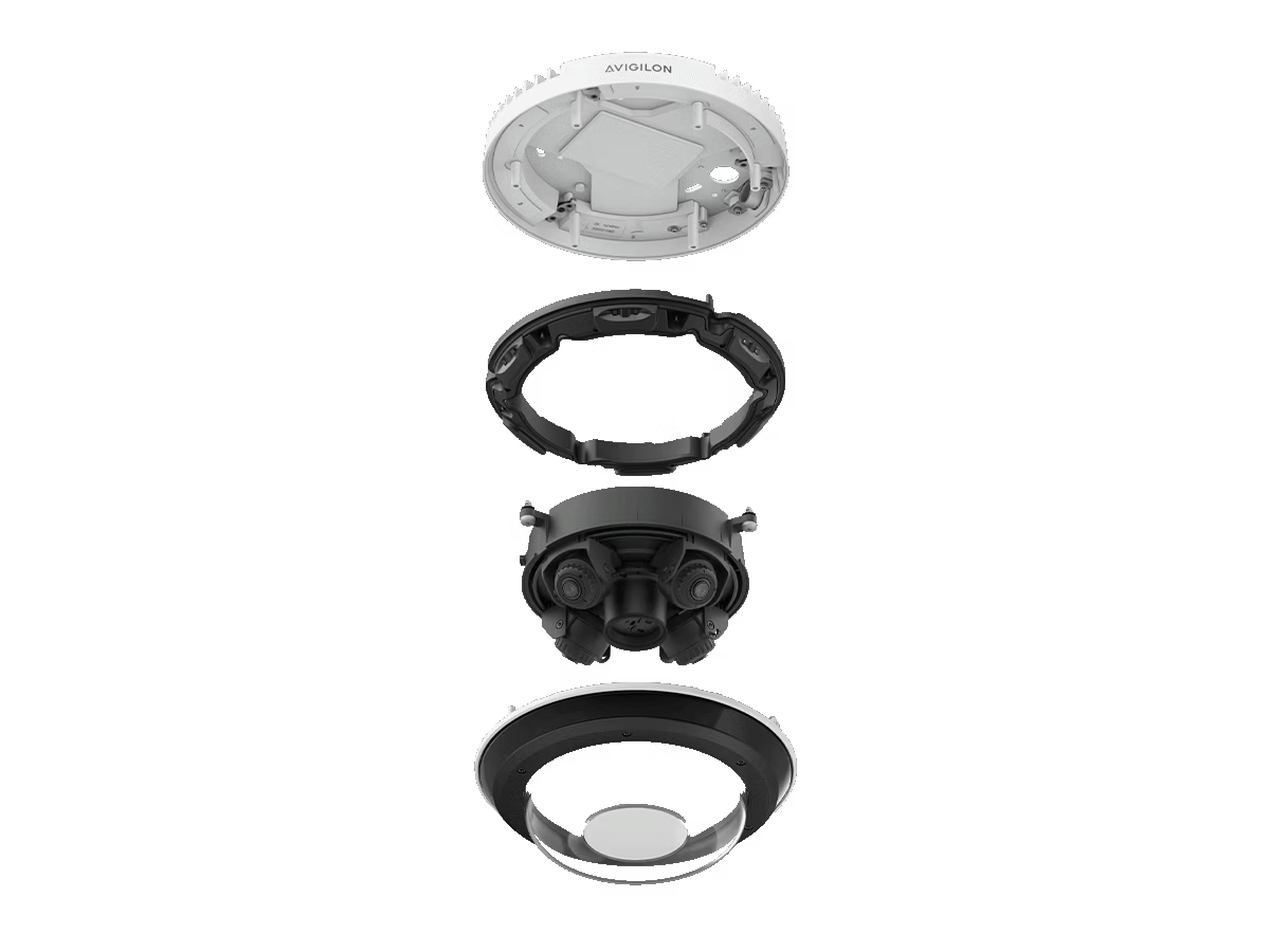 Zerlegte Überwachungskamera, vier Komponenten übereinander angeordnet.