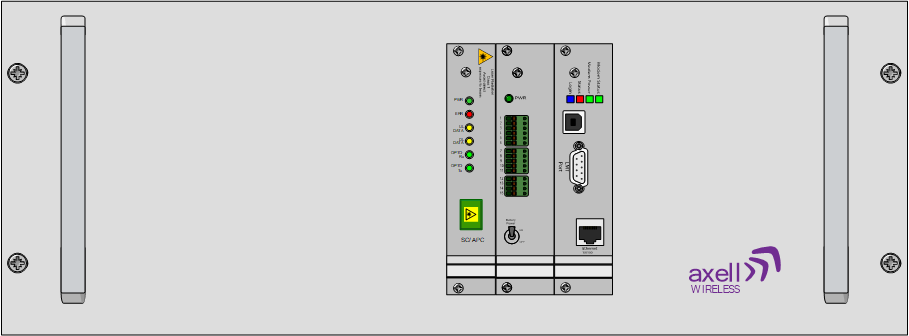 Technical control panel with connectors and indicators, Axell Wireless logo.