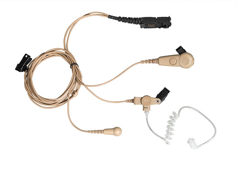 Earpiece kit with microphone and coiled cable, beige color.