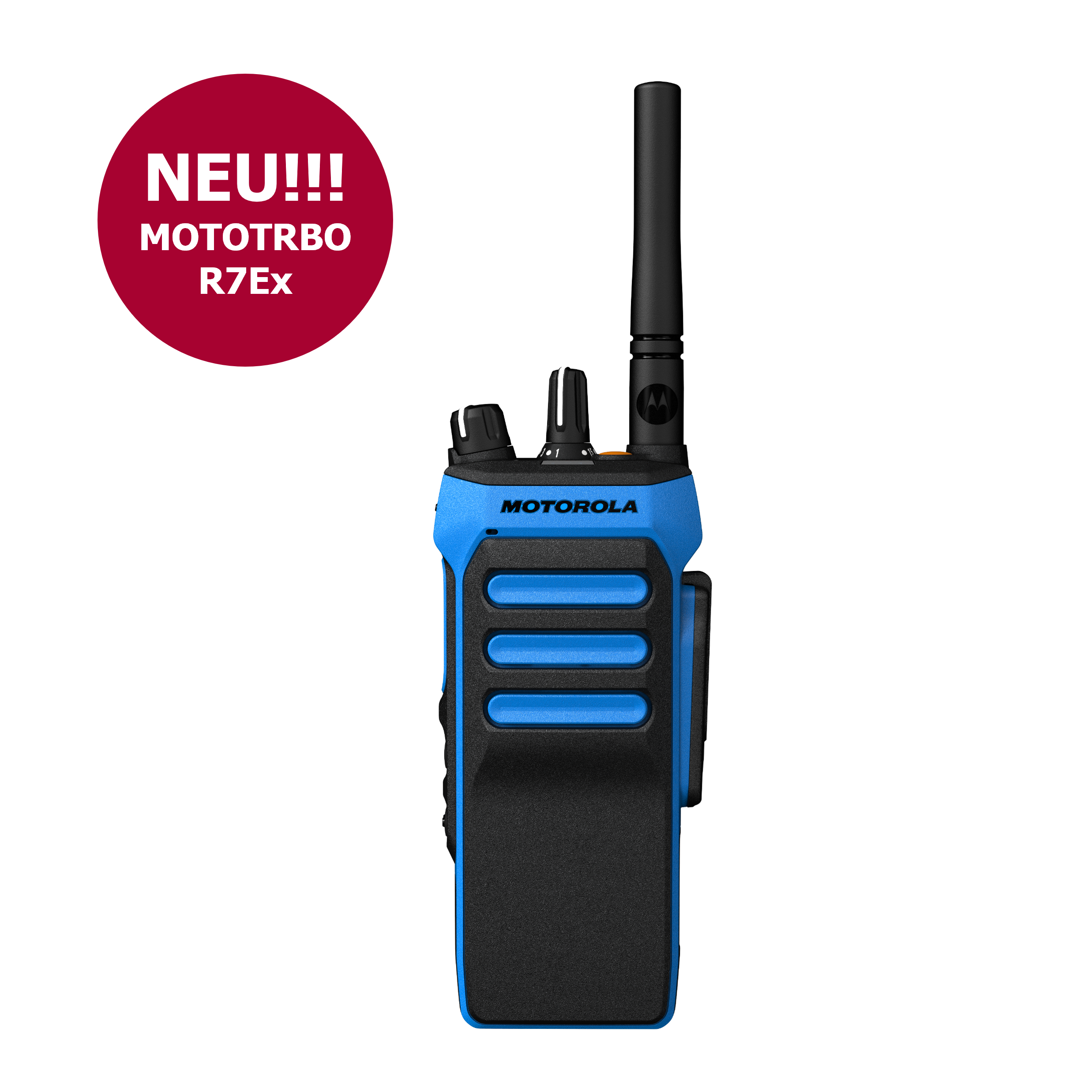Blue handheld radio with round red label: New! MOTOTRBO R7Ex.