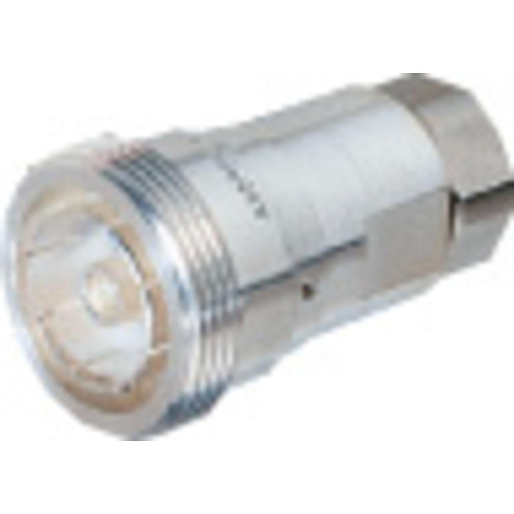 Silver metallic adapter with threaded and cylindrical shape.