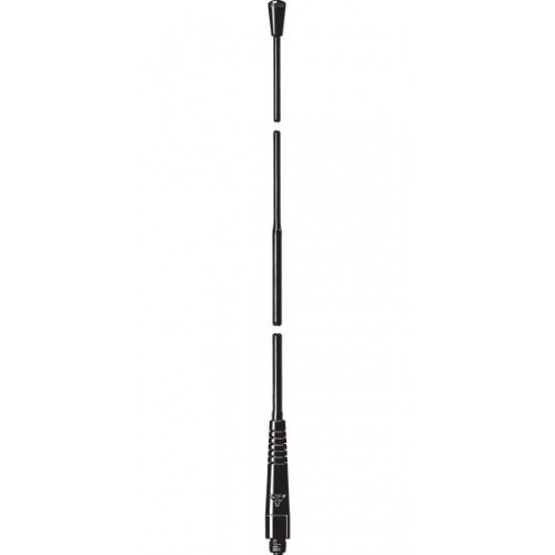 Disassembled telescopic antenna with three parts in vertical arrangement.