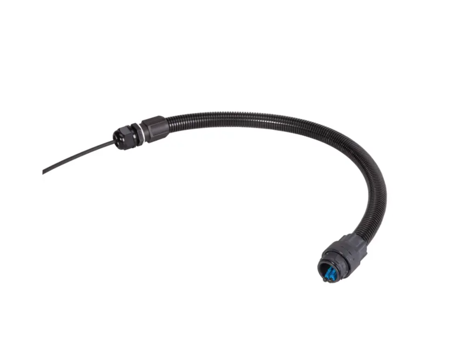 Black flexible cable conduit with connectors at both ends.
