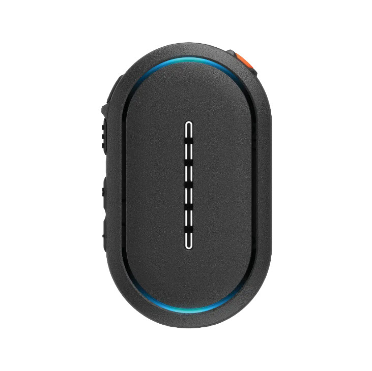 Black oval device with white stripe in the center and blue-orange accents.