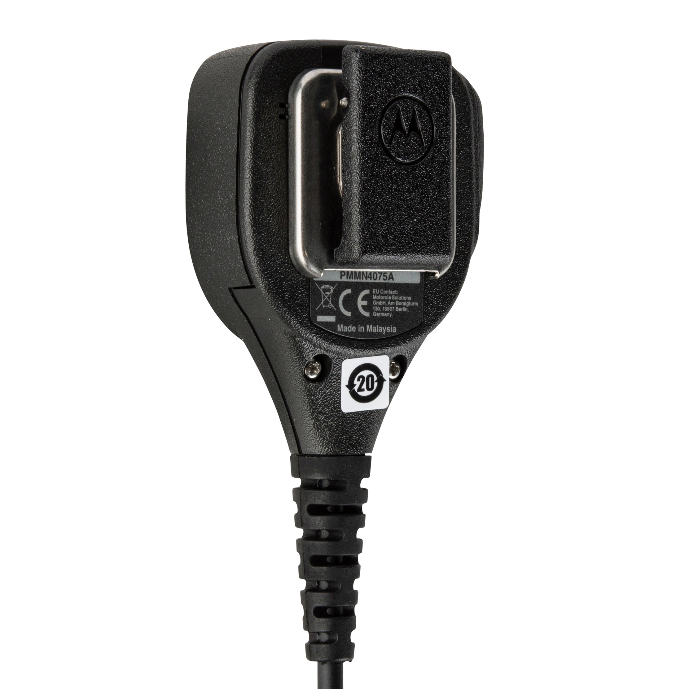 Black handheld radio microphone back with cable and clip.