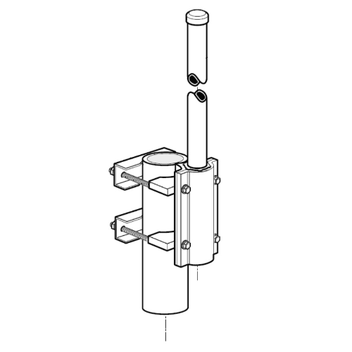 Explosionszeichnung einer Rohrhalterung mit Schrauben und Klemmen.