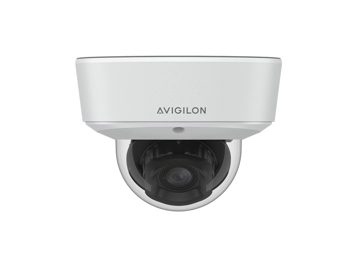 Surveillance camera with Avigilon logo on white casing