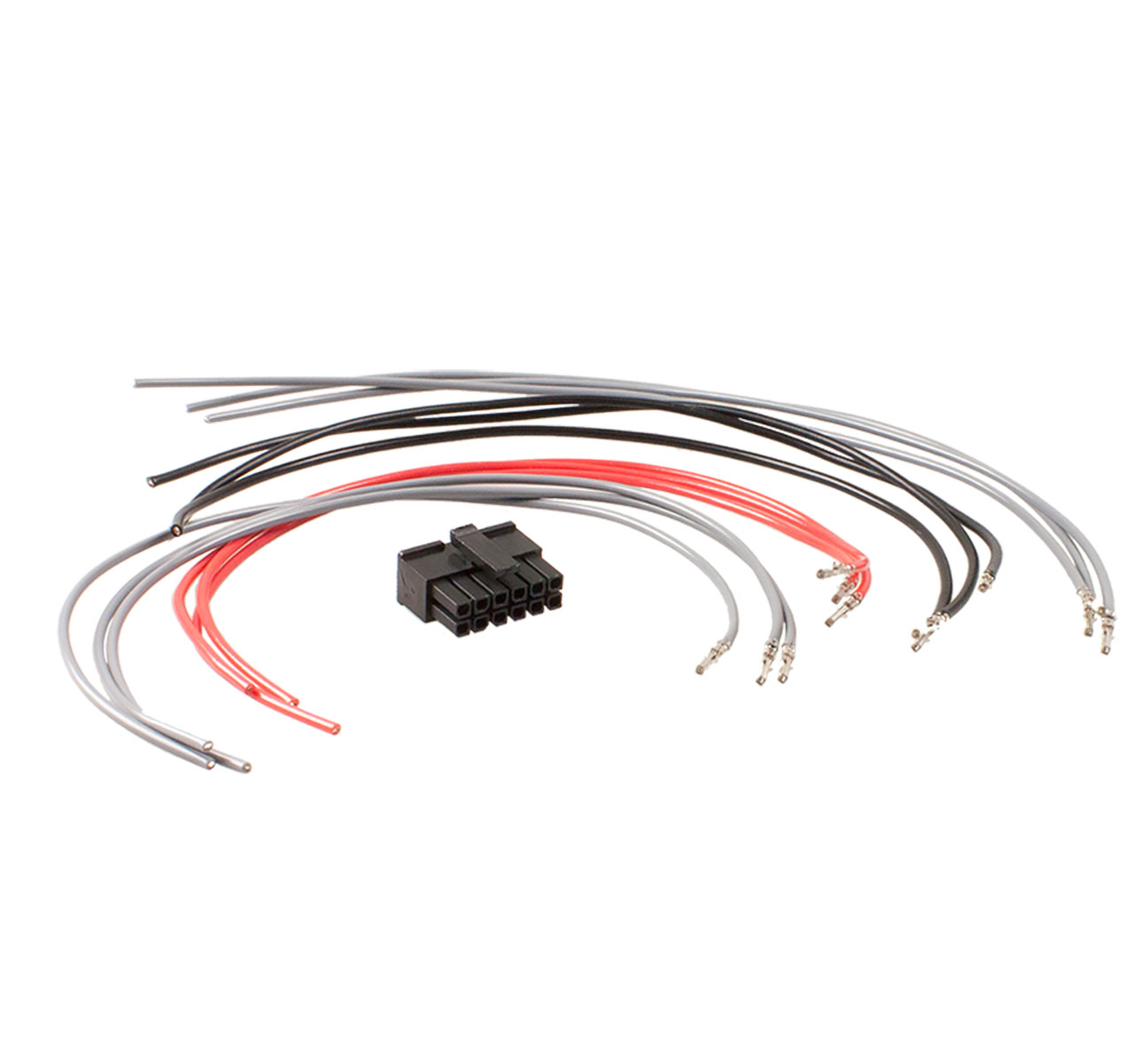 Multiple cables in red, black, gray and connector, loosely arranged.