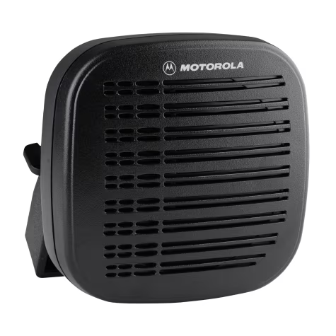 Schwarzer Lautsprecher mit Lüftungsschlitzen und Motorola-Logo.
