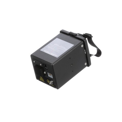 Schwarzes elektronisches Gerät mit Trageschlaufe und Anschlüssen auf einer Seite.