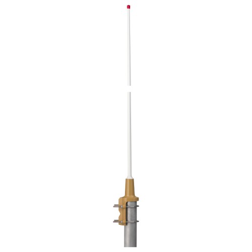 White antenna with brown mount on a metal pipe.