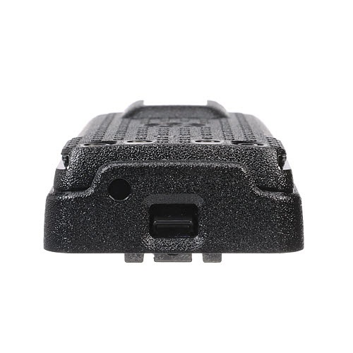 Black, rectangular, textured cover with indentations and two openings.