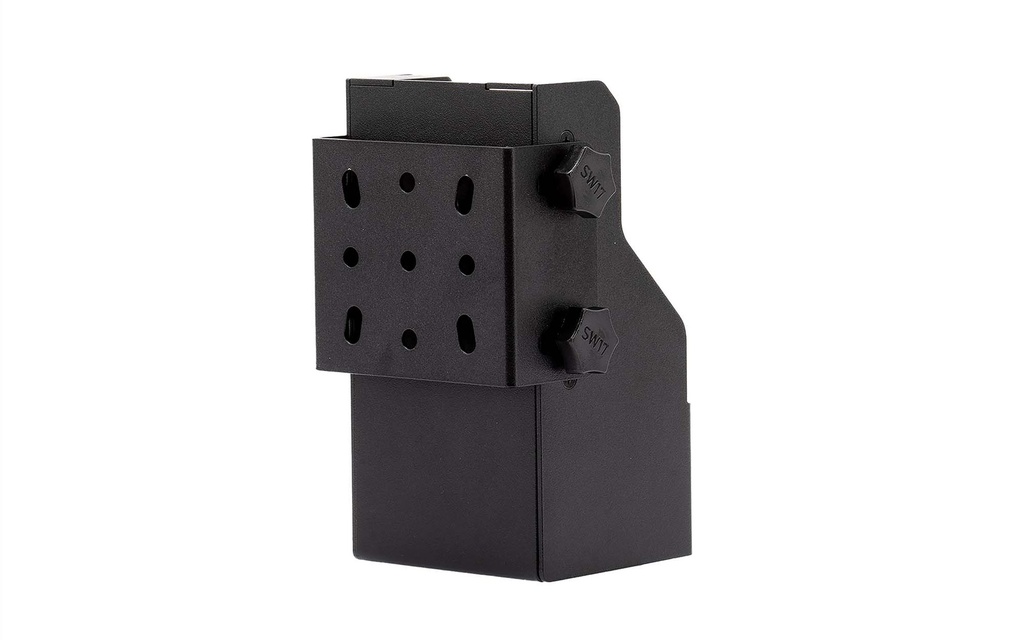 Schwarzes Metallteil mit Löchern und zwei Griffschrauben.