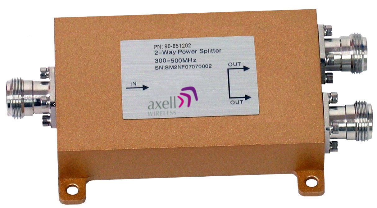 2-way power splitter 300-500 MHz, axell Wireless, connectors for input and two outputs.