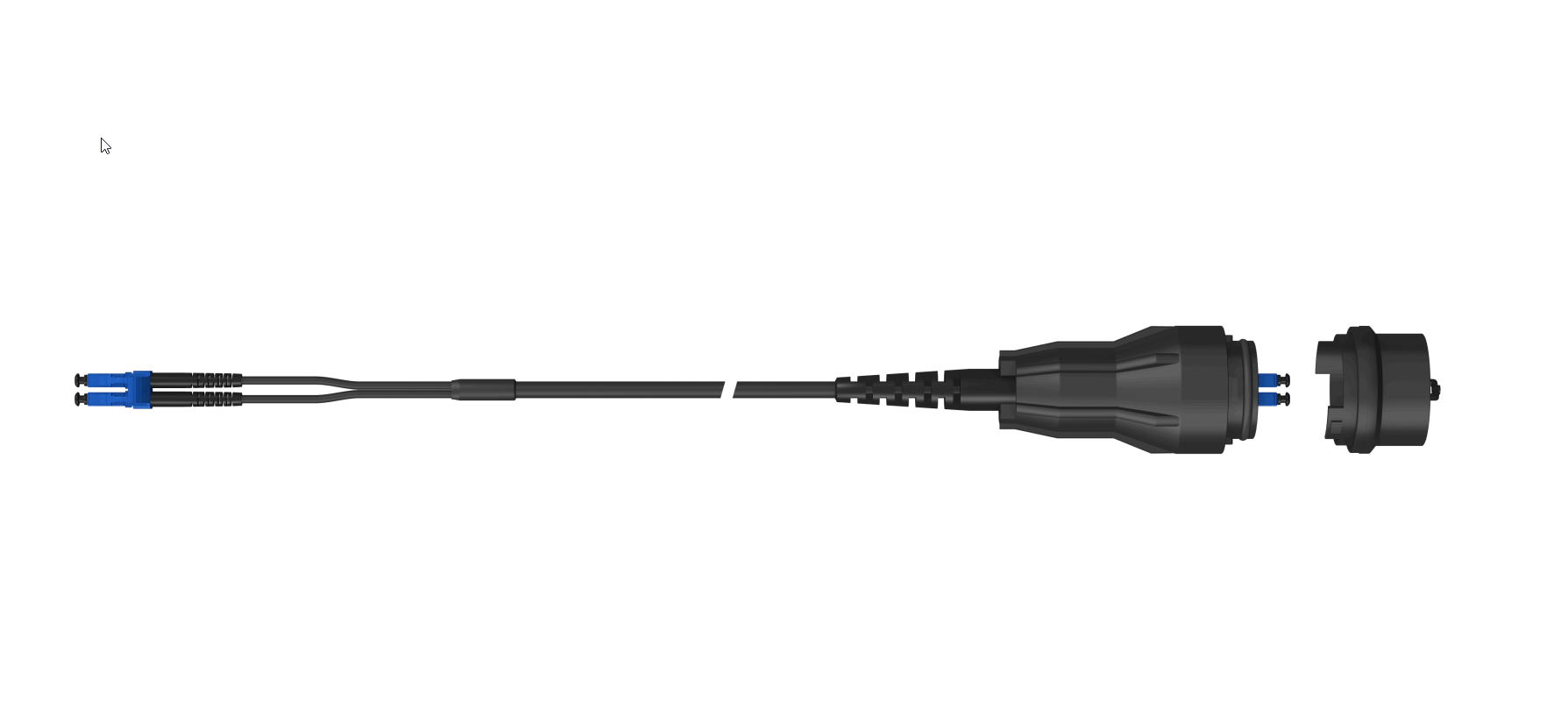 7000_00754399_HS_01.png Fiber optic cable with blue connectors and black protective cover.