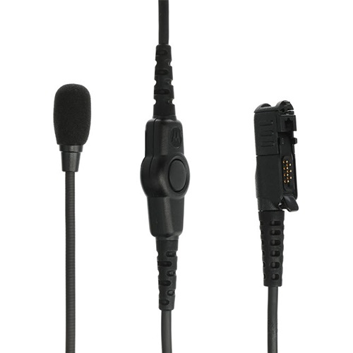 Black lapel microphone with cable, connector, and condenser.
