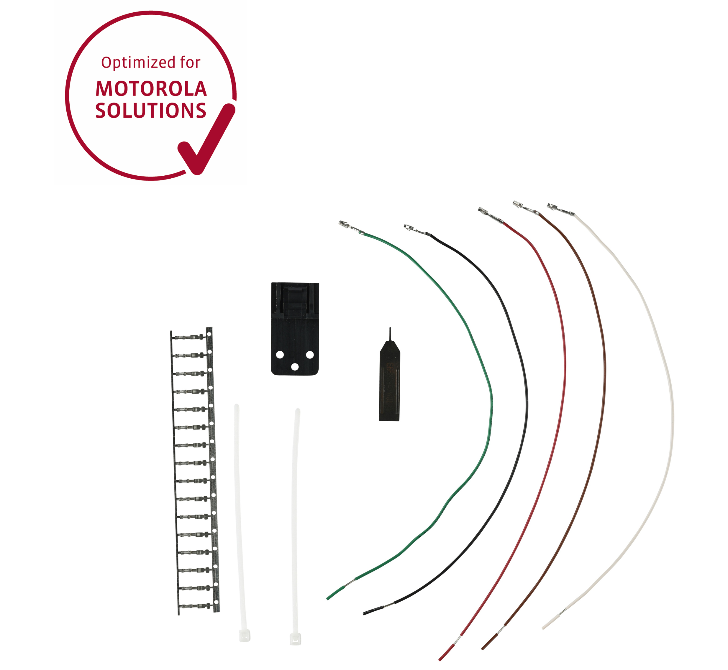 Kit with wires, terminals, holder, cable ties, tool.