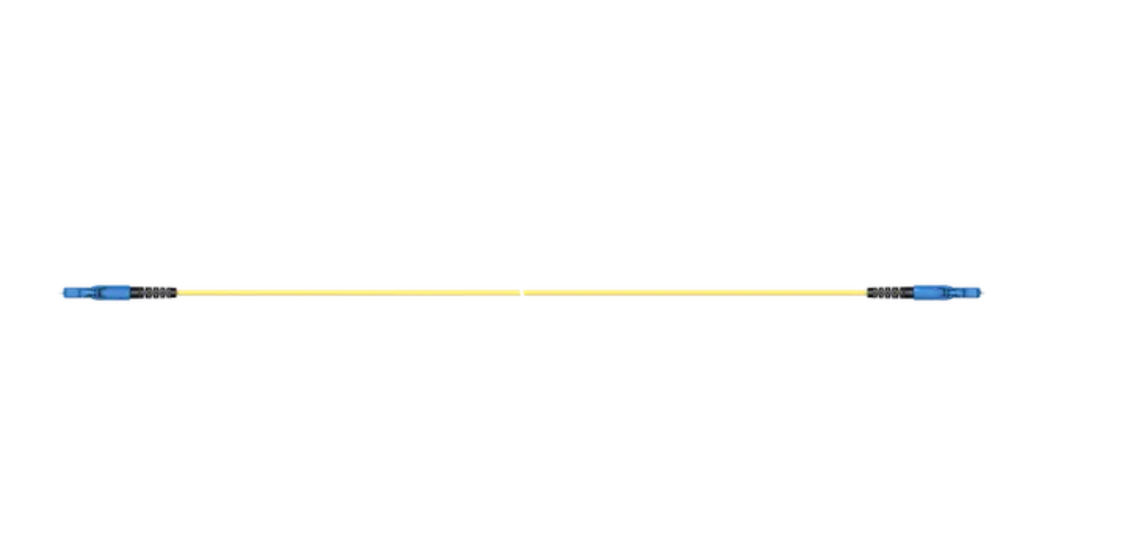 H+S Patch cable, 0.15 m, LSFH cable simplex 2mm, LC push-pull duplex UPC on both ends (PC01_LCUE_LCUE_A220E_0.15_SS) Yellow fiber optic cable with blue connectors at both ends.
