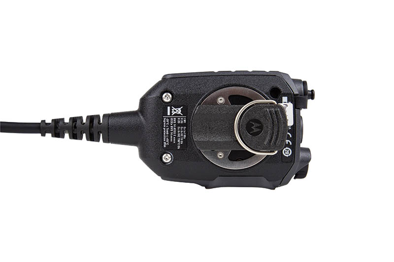 Black radio accessory with buttons and labels.