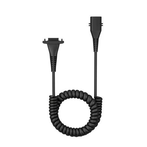 Black coiled telephone cable with rectangular connectors at both ends.