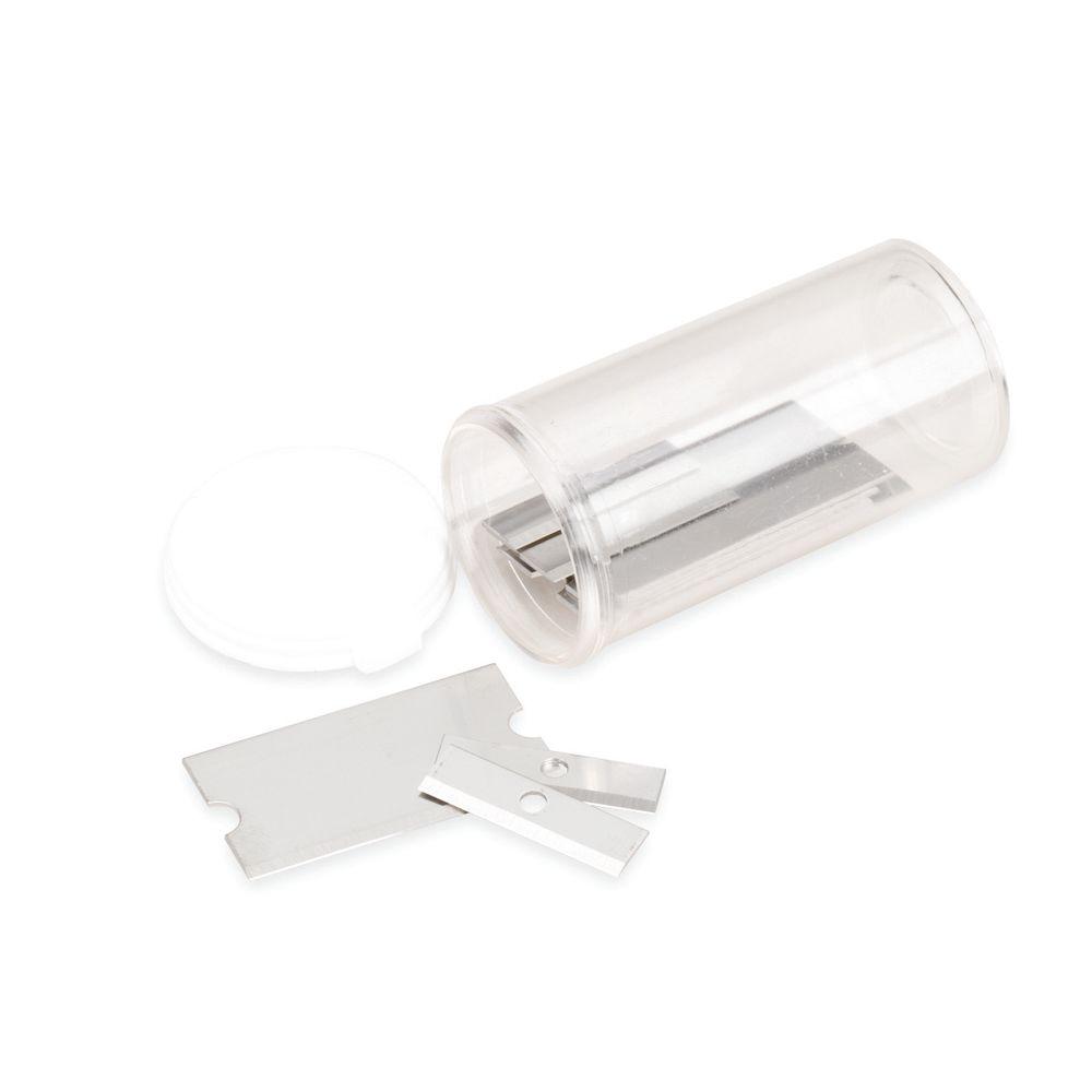 Plastic container with removable lid, contains razor blades.