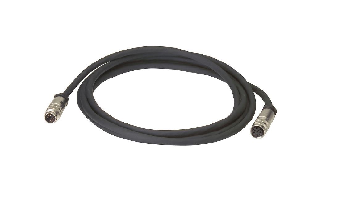 Schwarzes Kabel mit zwei runden Metallsteckern an den Enden.