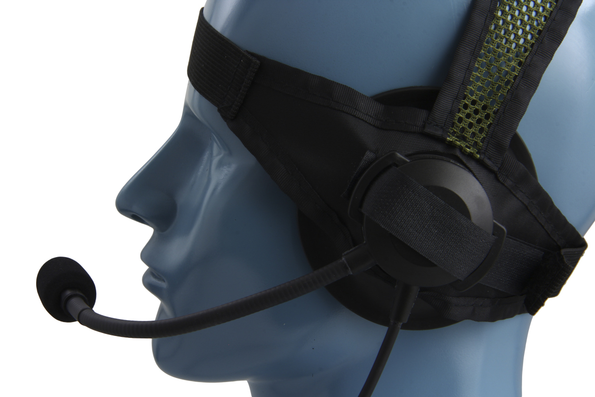 Puppe mit Headset mit Mikrofon an der linken Seite des Gesichts.