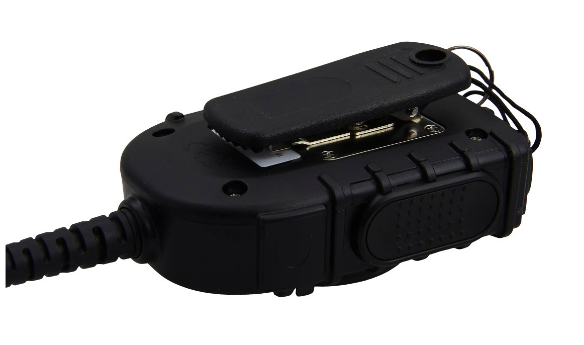 Black rectangular device with cable and clip, possibly a radio.